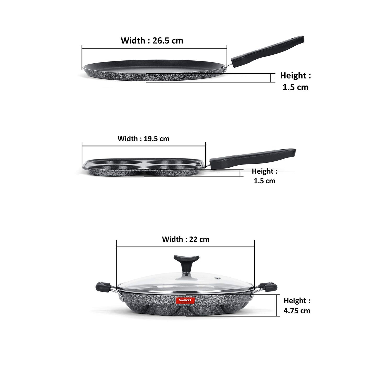 Sumeet NonStick Kijivu Cookware Set (Dosa Tawa - 26.5Cm Dia + Mini Multi Snack Maker - 4 Cavity -19.5cm + Grill Appam Patra with Glass Lid - 12 Cavity - 22cm Dia)