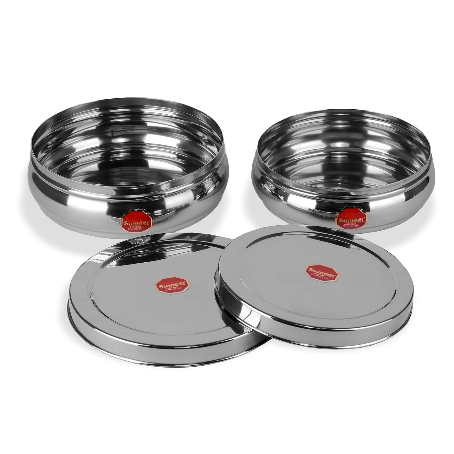 Sumeet Stainless Steel Belly Shape Flat Canisters, 17.1cm and 18.4cm Dia, 1.1L and 1.5L (Steel)