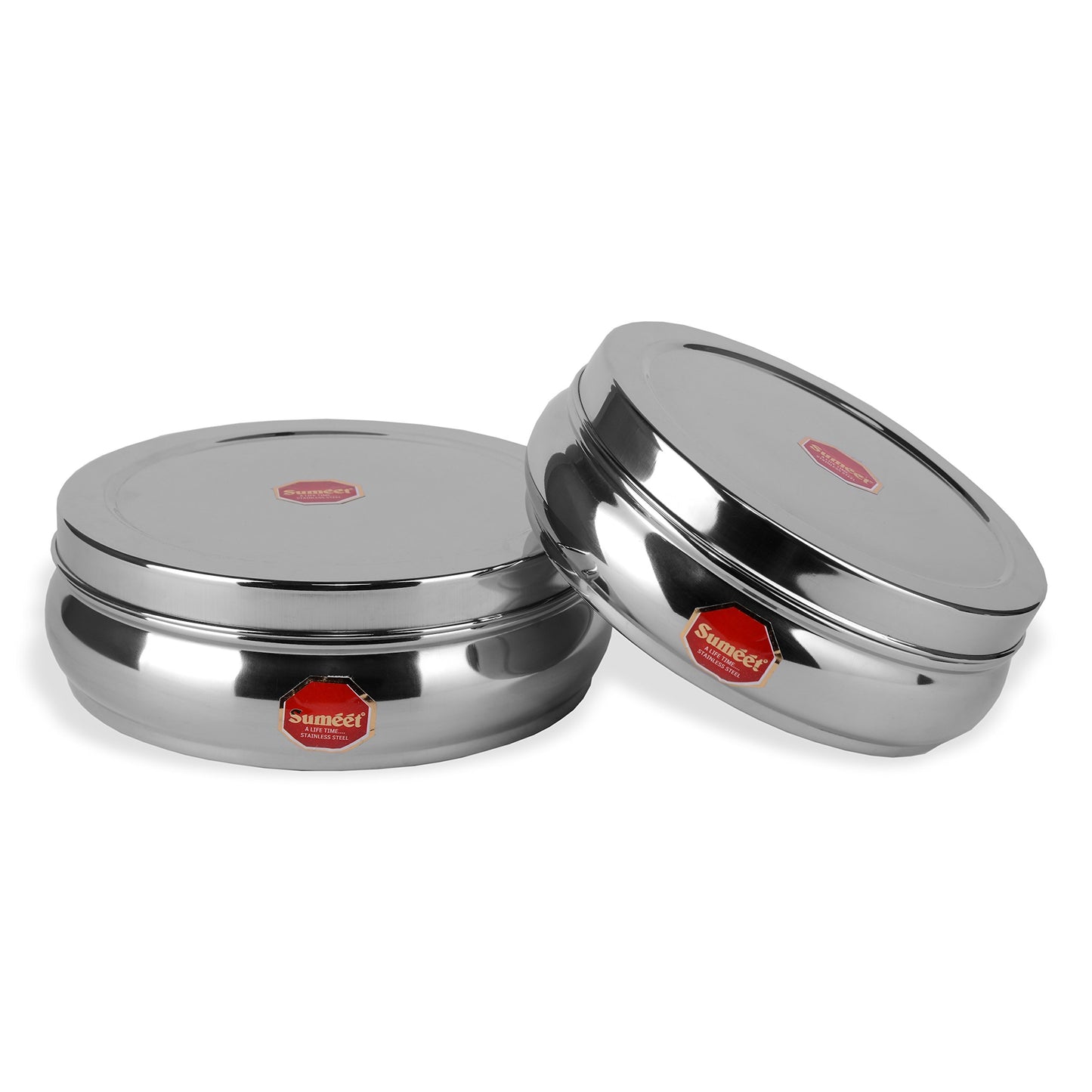 Sumeet Stainless Steel Belly Shape Flat Canisters, 17.1cm and 18.4cm Dia, 1.1L and 1.5L (Steel)