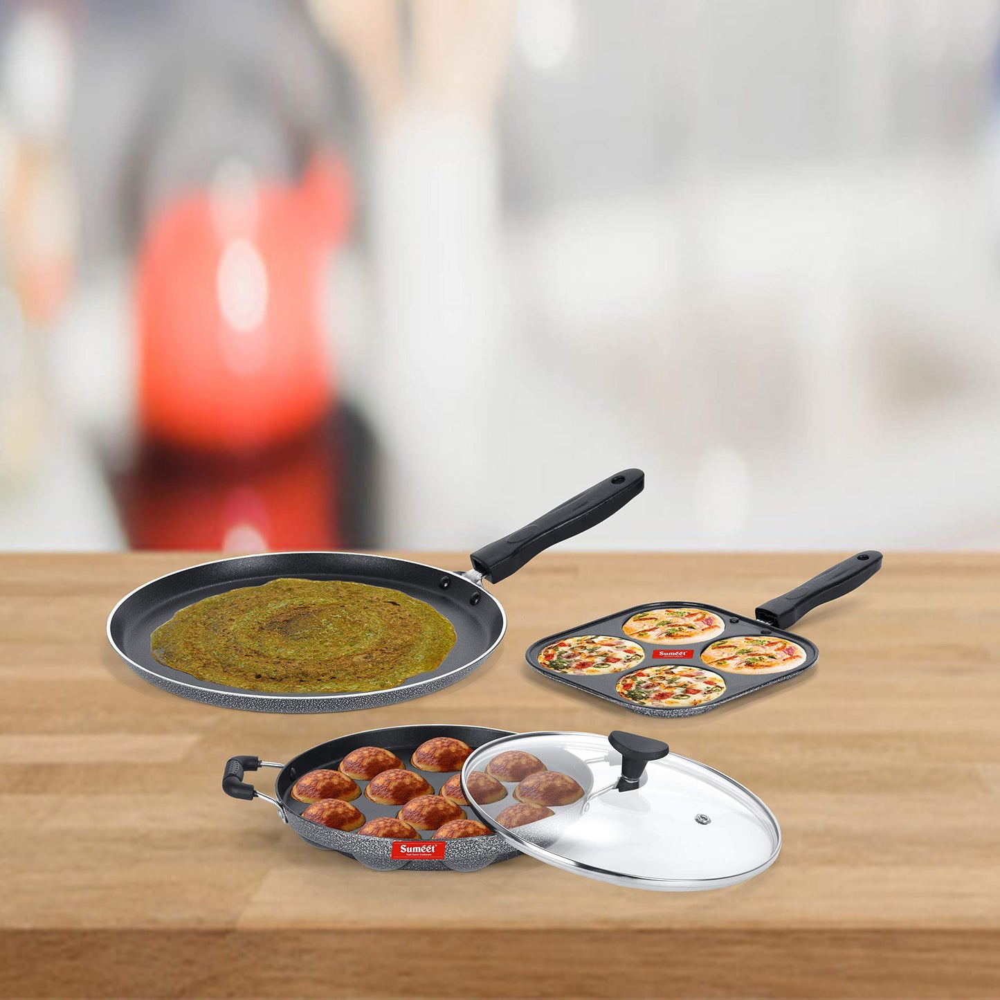 Sumeet NonStick Kijivu Cookware Set (Dosa Tawa - 26.5Cm Dia + Mini Multi Snack Maker - 4 Cavity -19.5cm + Grill Appam Patra with Glass Lid - 12 Cavity - 22cm Dia)