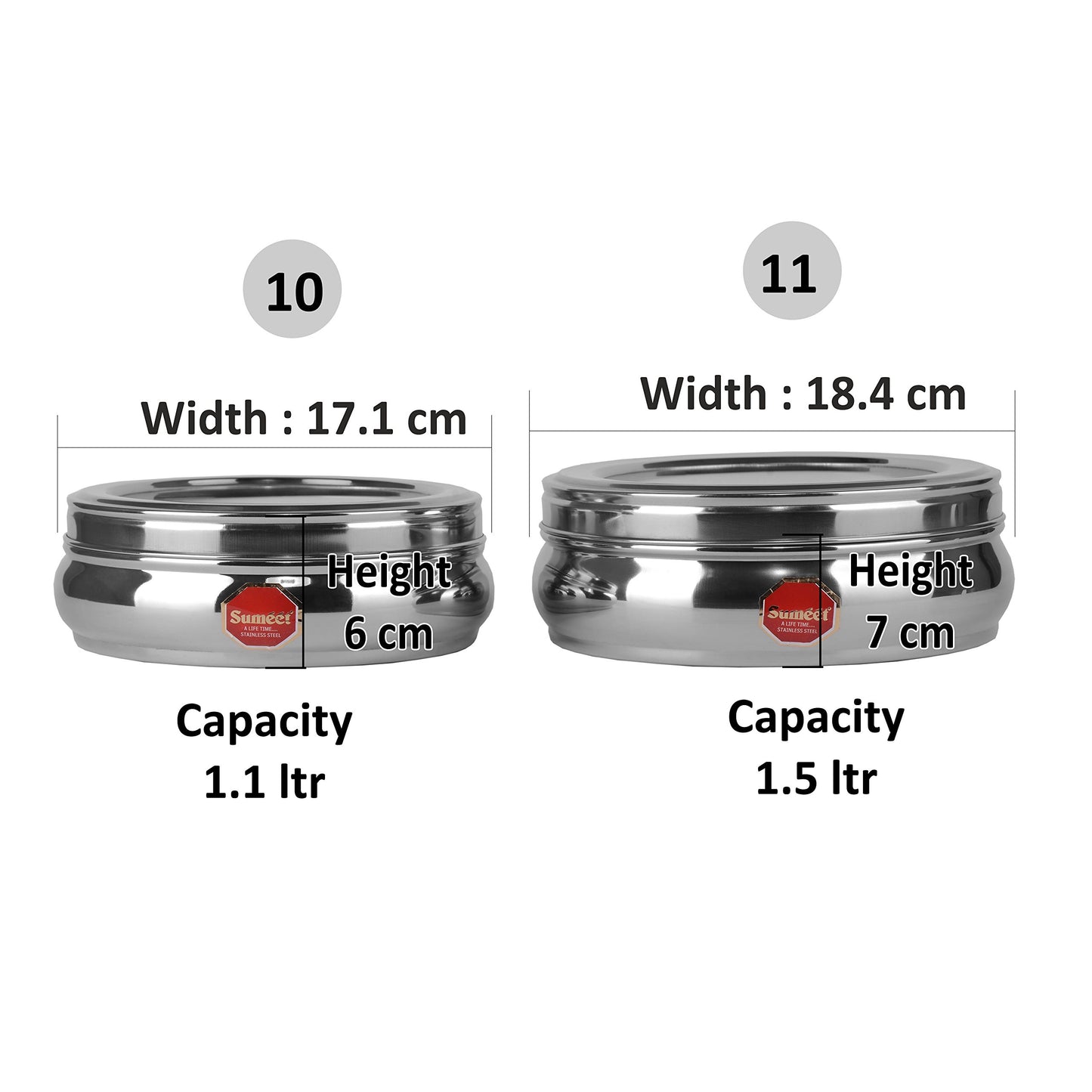 Sumeet Stainless Steel Belly Shape Flat Canisters, 17.1cm and 18.4cm Dia, 1.1L and 1.5L (Steel)
