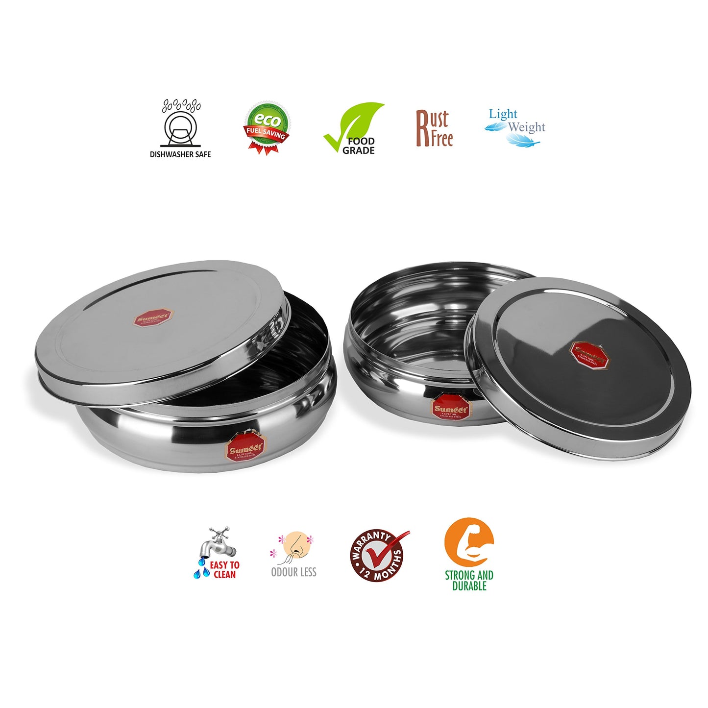 Sumeet Stainless Steel Belly Shape Flat Canisters, 17.1cm and 18.4cm Dia, 1.1L and 1.5L (Steel)
