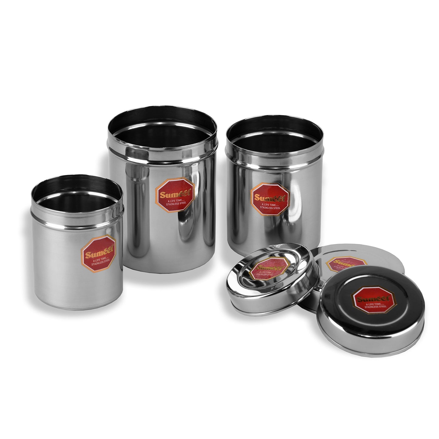 Sumeet Stainless Steel Vertical Canisters / Ubha Dabba / Storage Containers Set of 3Pcs (No. 7 To No. 9) (350ml, 500ml, 700ml)