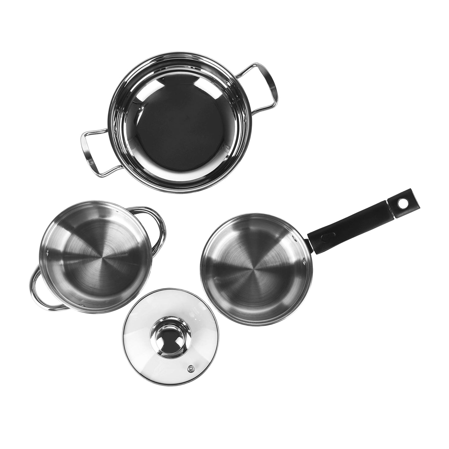 Sumeet Stainless Steel Induction and Gas stove compatible Cookware set with Encapsulated Bottom - Combo of 3 with Multi Lid Concept (Kadhai - 1.5Ltr- Saucepan with Glass Lid 1 Ltr - Casserole - 1 Ltr)