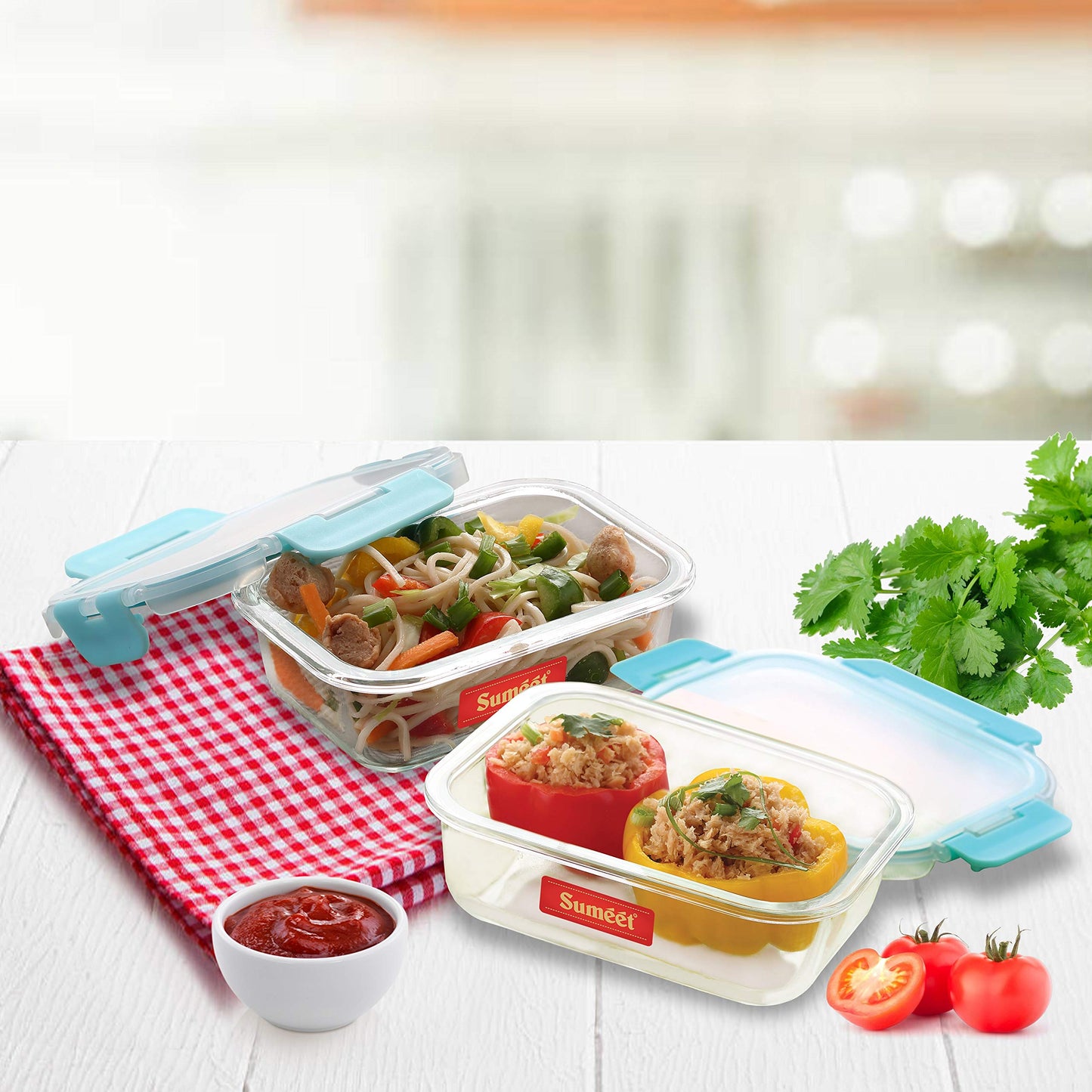 Sumeet Easy Store Borosilicate Glass Microwave Safe, Airtight & Leak Proof Rectangle Food Container Set of 2Pcs (400ML, 600ML)