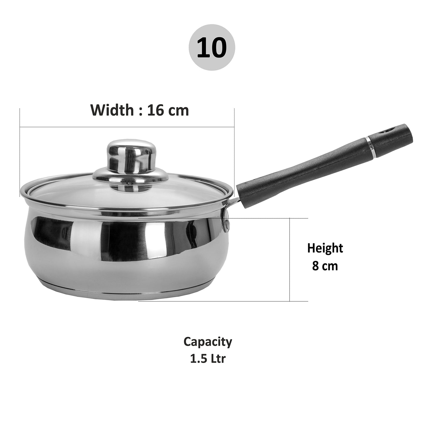 Sumeet Stainless Steel Induction Bottom (Encapsulated Bottom) Induction & Gas Stove Friendly Belly Shape Sauce Pan No. 10 (1.5 LTR) with Glass Lid