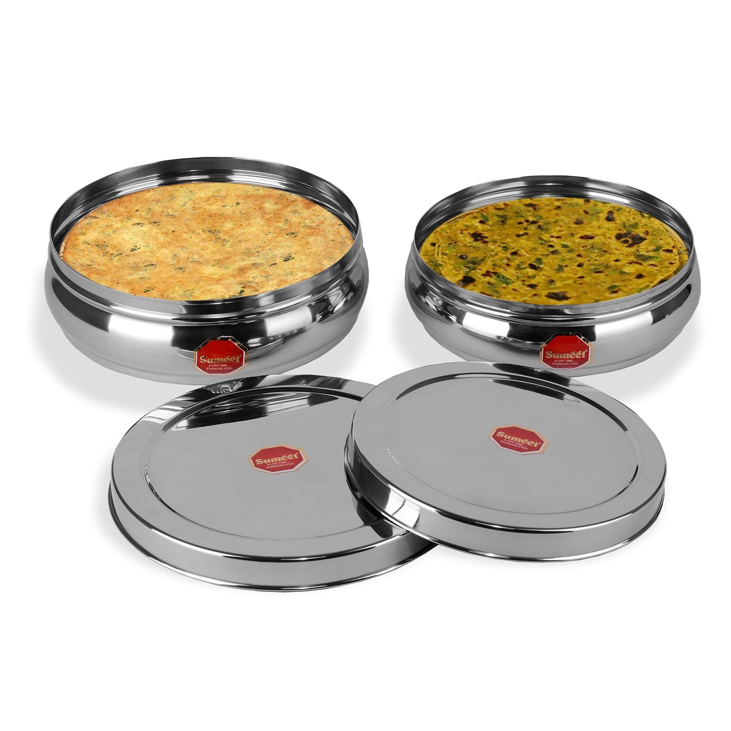Sumeet Stainless Steel Belly Shape Flat Canisters, 17.1cm and 18.4cm Dia, 1.1L and 1.5L (Steel)