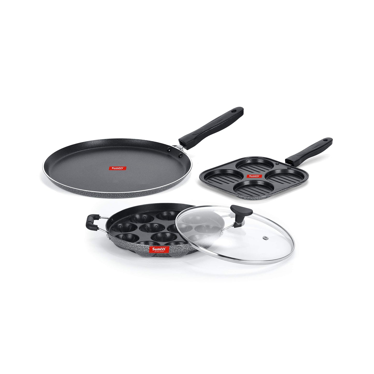 Sumeet NonStick Kijivu Cookware Set (Dosa Tawa - 26.5Cm Dia + Mini Multi Snack Maker - 4 Cavity -19.5cm + Grill Appam Patra with Glass Lid - 12 Cavity - 22cm Dia)