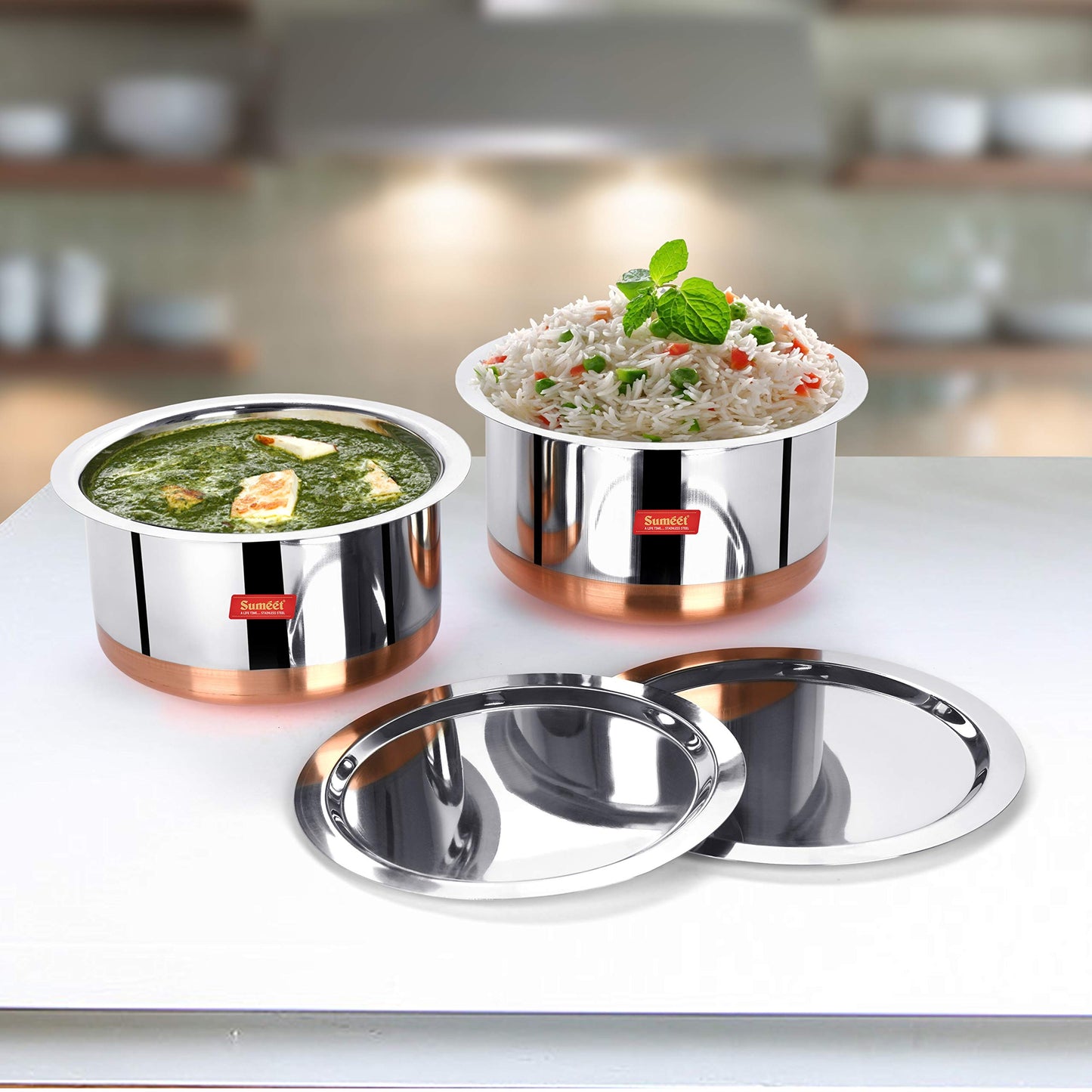 Sumeet Stainless Steel Copper Bottom 2Pc Big Size Tope Set with Lid (5.7Ltr, 6.7Ltr)