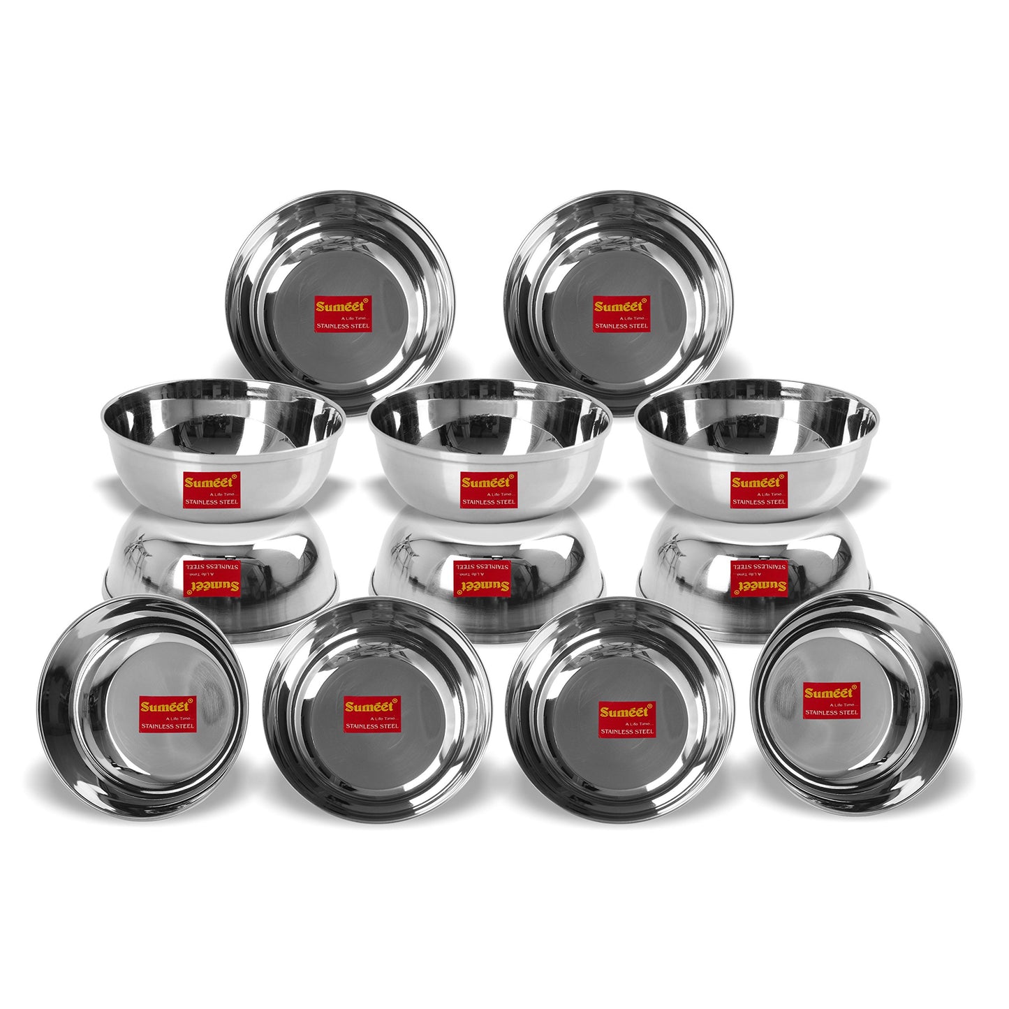Sumeet Stainless Steel Heavy Gauge Bowl/Wati Set with Mirror Finish 12cm Dia (350 Ml) - Set of 12pc