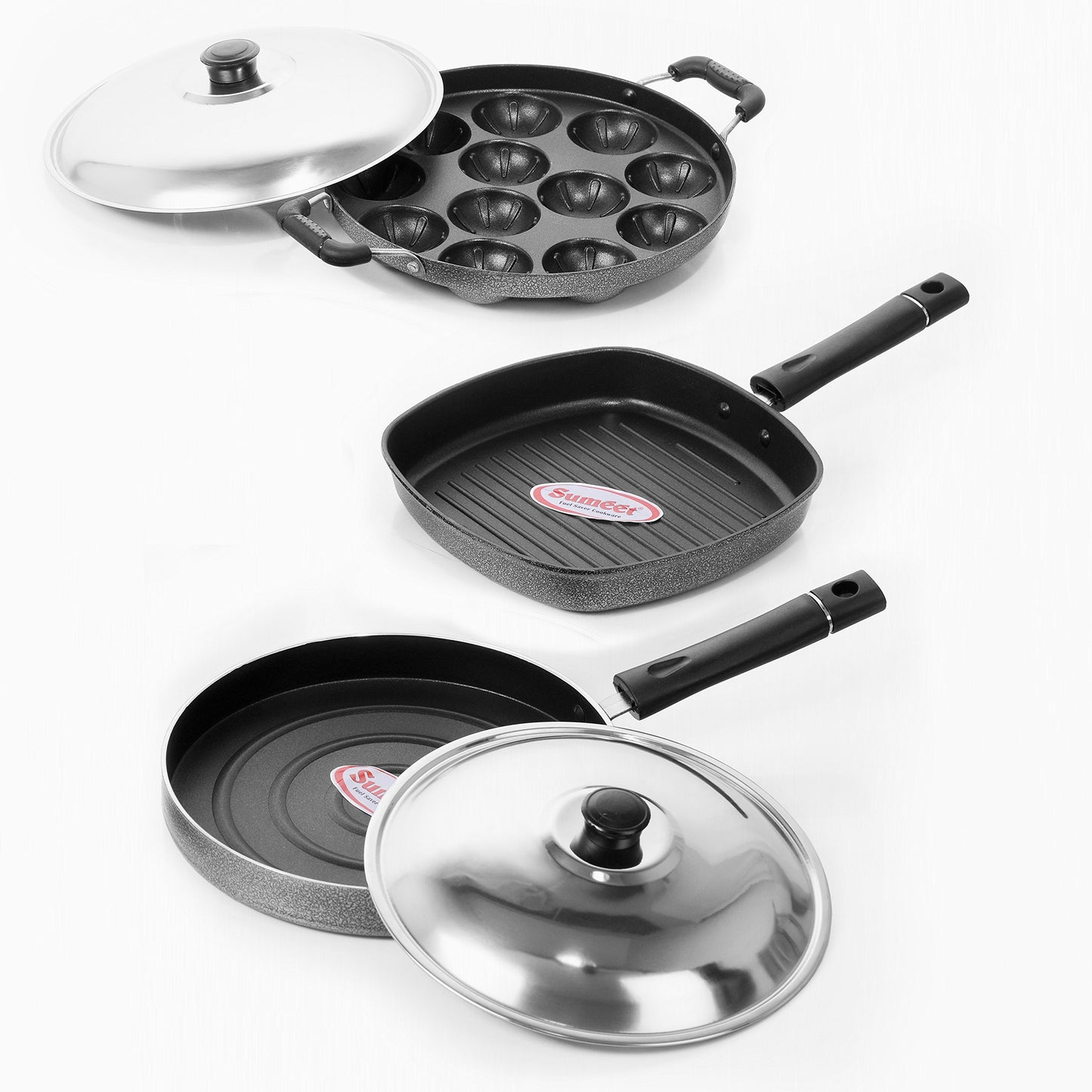 Sumeet Nonstick Joyous Combo Set (Grill Pan - 22 Cm + Grill Appam Patra 12 Pcs + Pizza Pan)