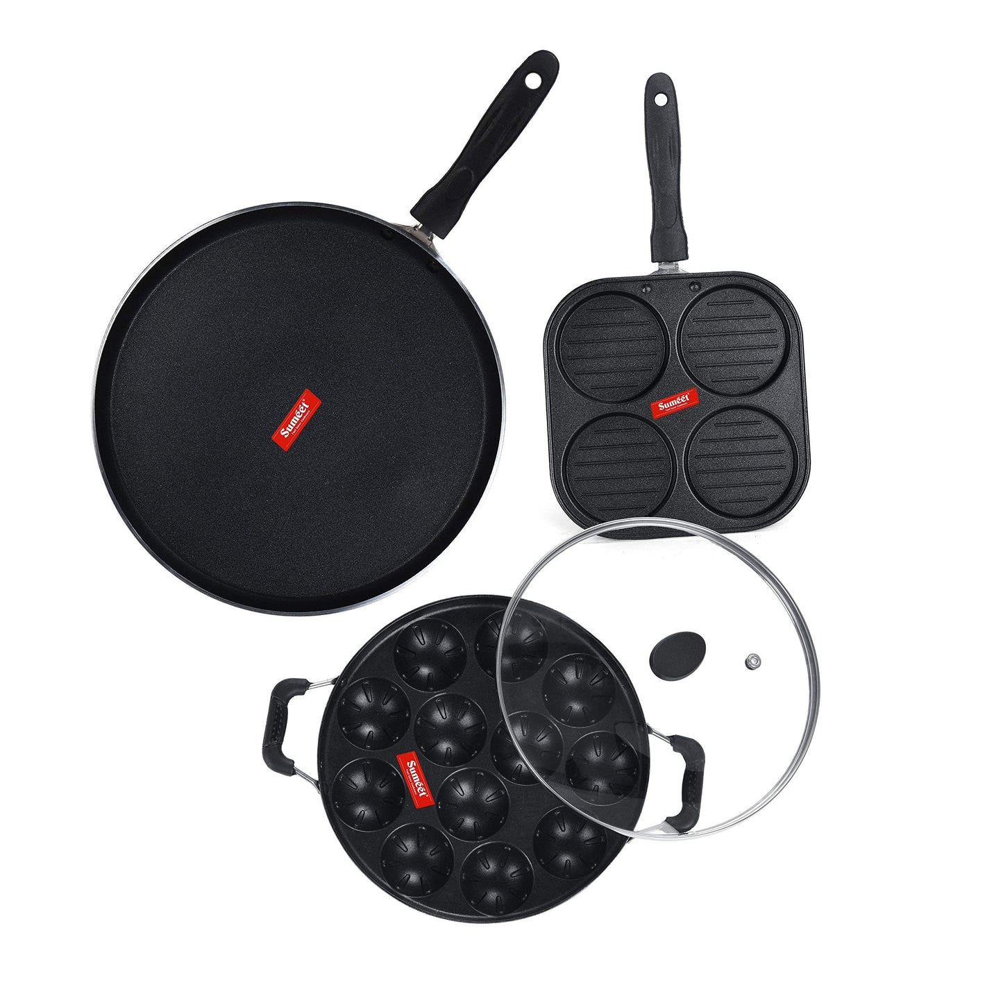 Sumeet NonStick Kijivu Cookware Set (Dosa Tawa - 26.5Cm Dia + Mini Multi Snack Maker - 4 Cavity -19.5cm + Grill Appam Patra with Glass Lid - 12 Cavity - 22cm Dia)