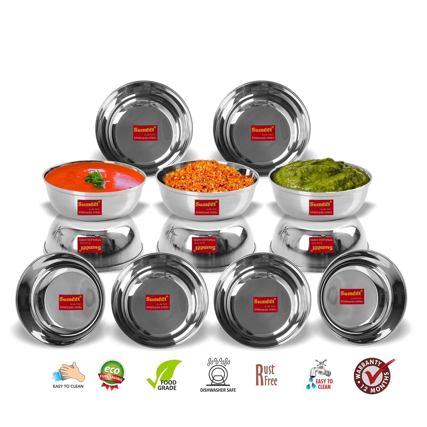Sumeet Stainless Steel Heavy Gauge Bowl/Wati Set with Mirror Finish 12cm Dia (350 Ml) - Set of 12pc