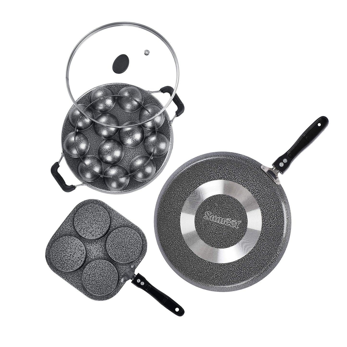Sumeet NonStick Kijivu Cookware Set (Dosa Tawa - 26.5Cm Dia + Mini Multi Snack Maker - 4 Cavity -19.5cm + Grill Appam Patra with Glass Lid - 12 Cavity - 22cm Dia)