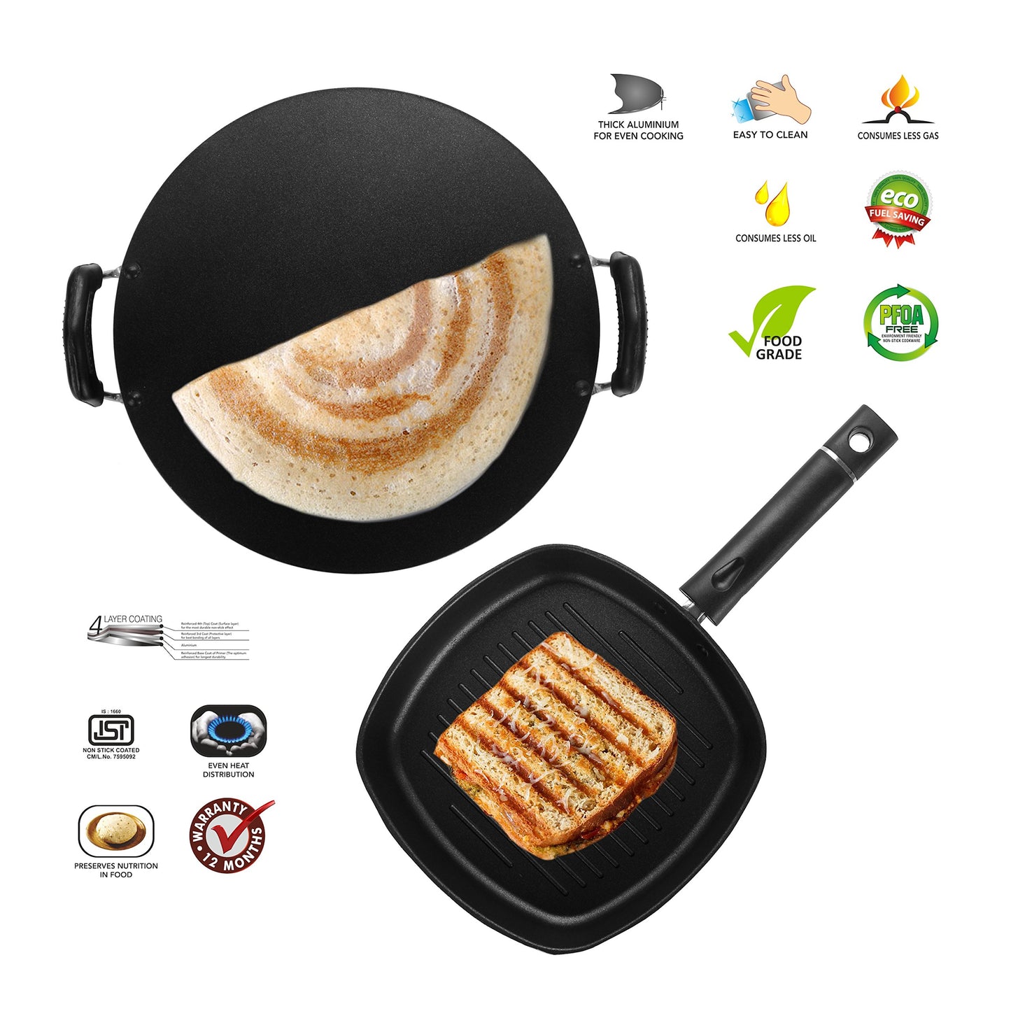 Sumeet Nonstick Insta Combo Set (Saral Tawa 30.5cm Dia + Grill Pan 22cm Dia)