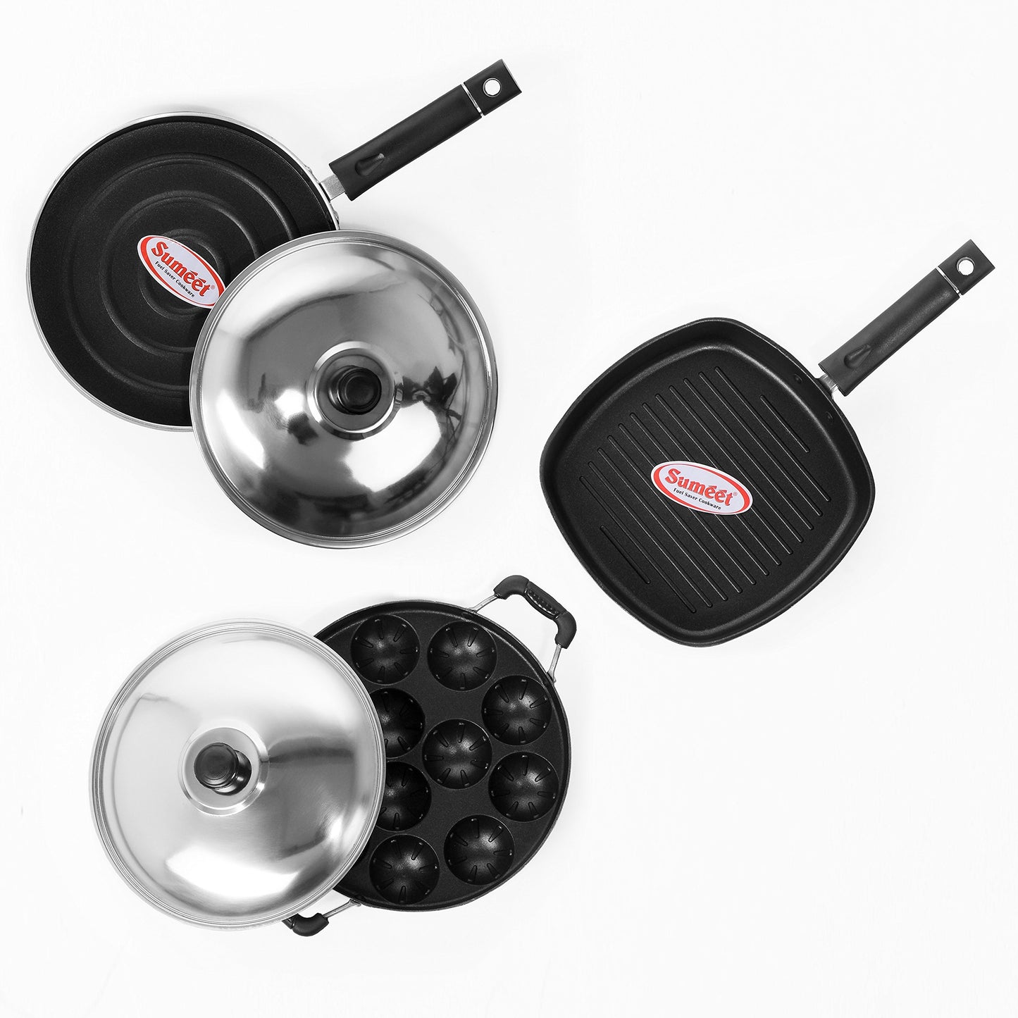 Sumeet Nonstick Joyous Combo Set (Grill Pan - 22 Cm + Grill Appam Patra 12 Pcs + Pizza Pan)