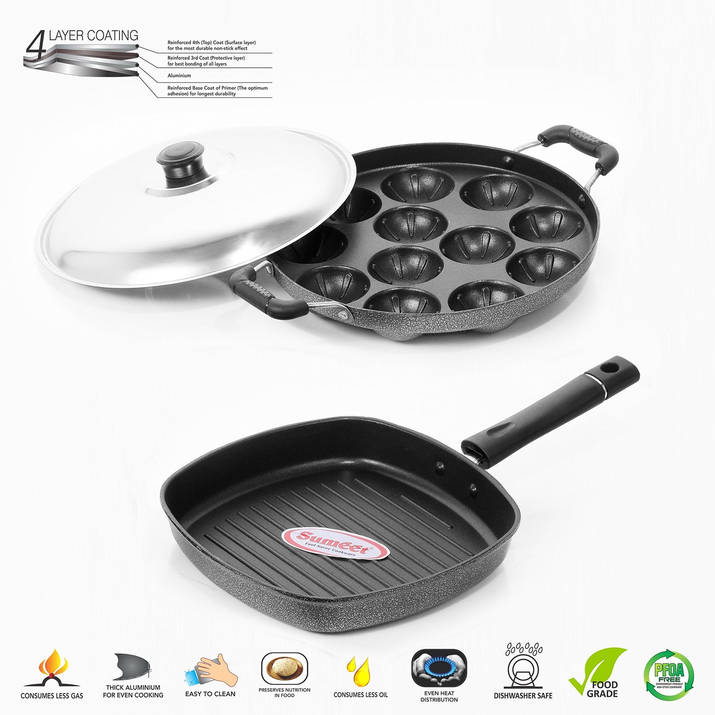 Sumeet Nonstick Amez Combo Set (Grill Pan - 22cm + Grill Appam Patra - 12 Pcs)