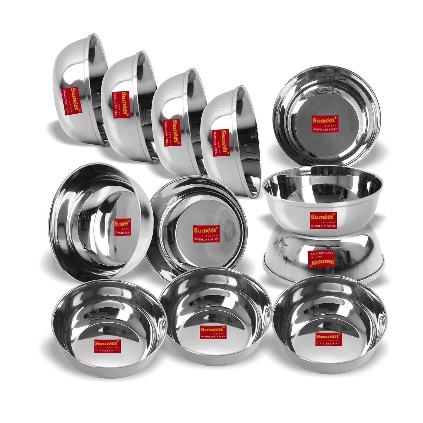 Sumeet Stainless Steel Heavy Gauge Bowl/Wati Set with Mirror Finish 12cm Dia (350 Ml) - Set of 12pc