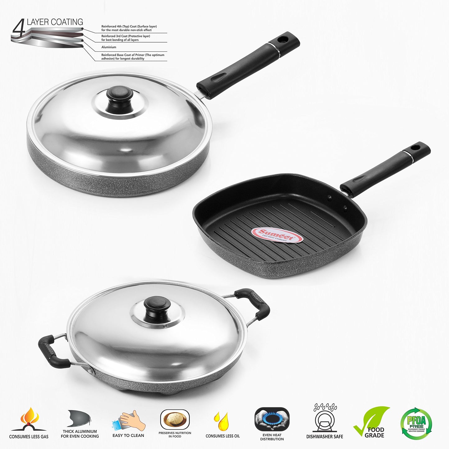 Sumeet Nonstick Joyous Combo Set (Grill Pan - 22 Cm + Grill Appam Patra 12 Pcs + Pizza Pan)