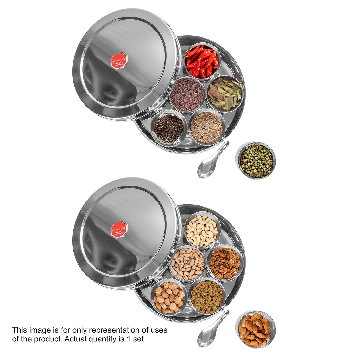 Sumeet Stainless Steel Belly Shape Masala (Spice) Box/Dabba/ Organiser with 7 Containers and Small Spoon Size No. 12 (20.5cm Dia) (2 LTR Capacity)