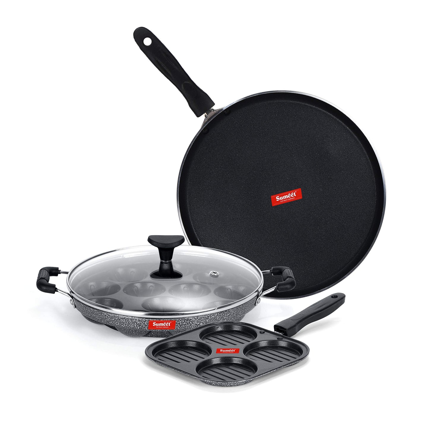 Sumeet NonStick Kijivu Cookware Set (Dosa Tawa - 26.5Cm Dia + Mini Multi Snack Maker - 4 Cavity -19.5cm + Grill Appam Patra with Glass Lid - 12 Cavity - 22cm Dia)