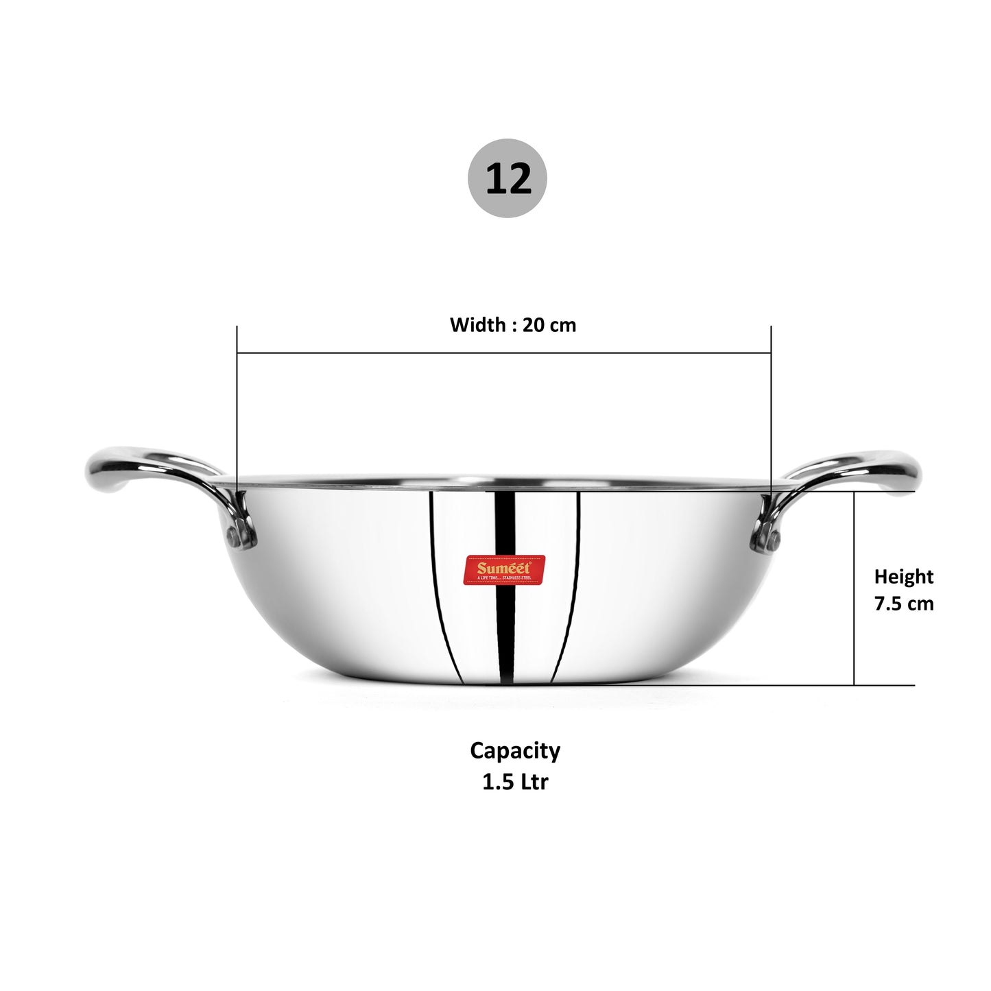 Sumeet Cook Smart TriPly Steel-Aluminium-Steel - 3 Layers Kadhai - 1.5ltr - 20cm