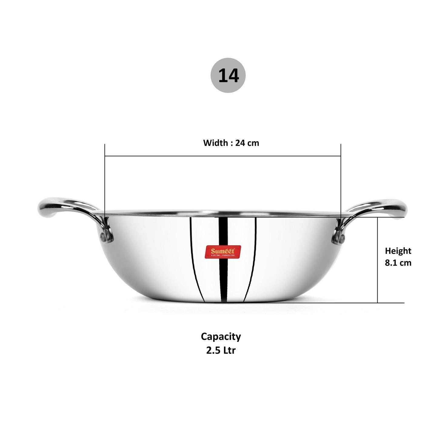 Sumeet Cook Smart TriPly Steel-Aluminium-Steel - 3 Layers Kadhai - 2.5ltr - 24cm