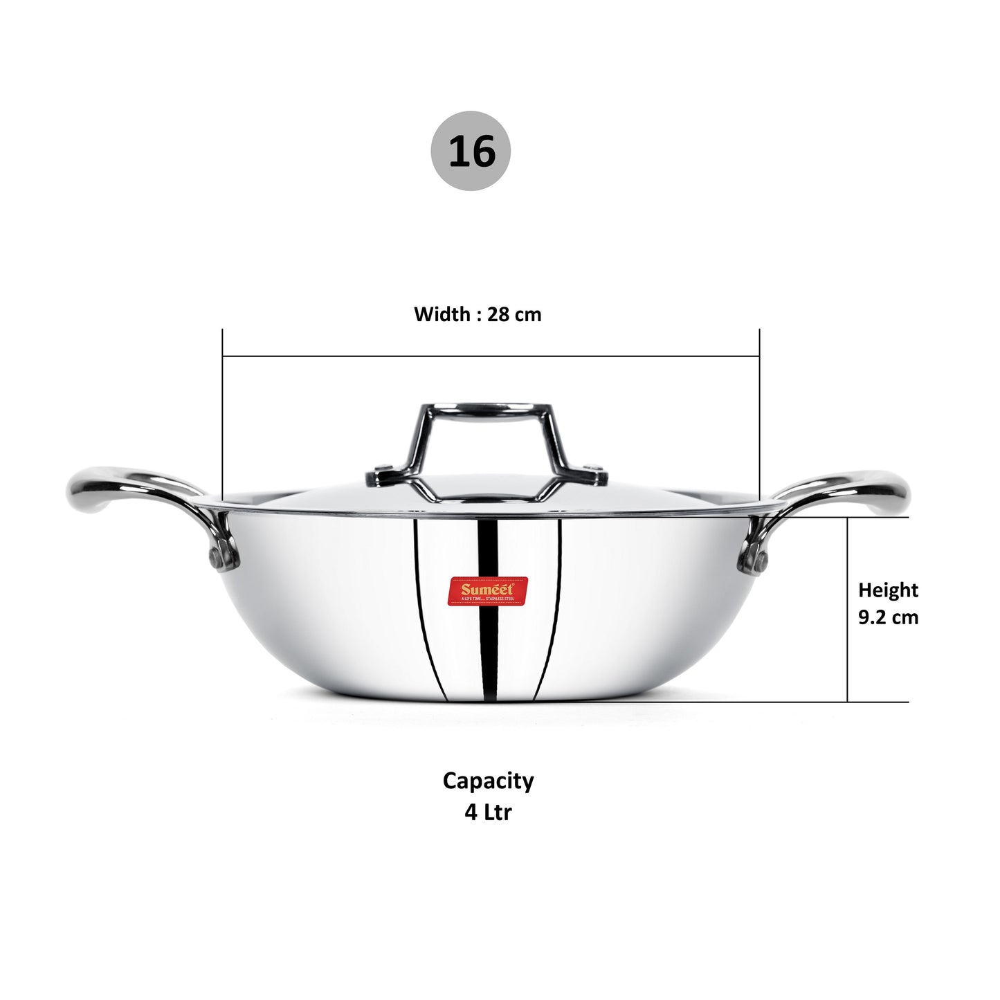 Sumeet Cook Smart TriPly Steel-Aluminium-Steel - 3 Layers Kadhai with Lid - 4Ltr - 28Cm