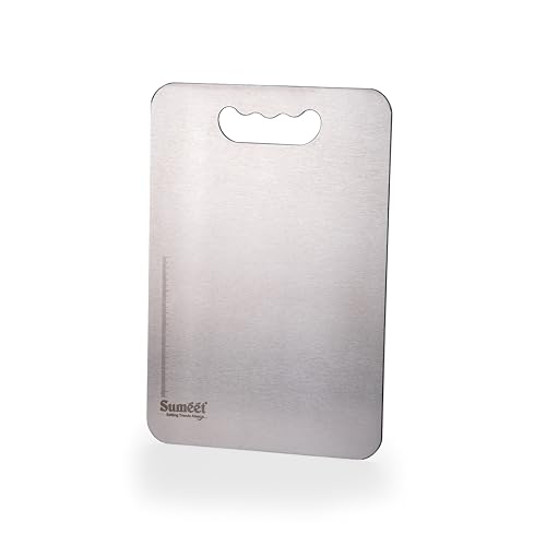 Sumeet Stainless Steel Medium Chopping Board| Rust-Proof, Dishwasher Safe |Heavy Duty and Durable for Vegetables, Fruits, kneading in Kitchen - 32.5cm x 22.5 cm, 1.5mm Thick, Silver