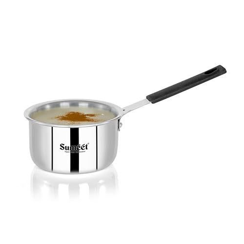 Sumeet Cook Smart ISI Certified Tri-Ply (Steel - Aluminium - Steel) Mini SauceTadka Pan with Silicon Grip | Induction and Gas Friendly | 2.5mm Thick | 450ml -10Cm, Silver