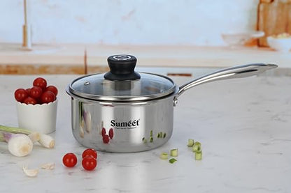 Sumeet Cook Smart TriPly Stainless Steel Induction Base Saucepan with Glass Lid - 2.3 LTR - 18Cm, Pack of 1, Silver