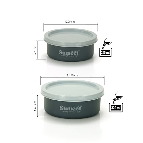 Sumeet Microwave Safe Stainless Steel Air Tight & Leak Proof Lunch Boxes/Storage Containers with Lids for Kitchen/Office/School, 240ml, 320ml, set of 2, Grey