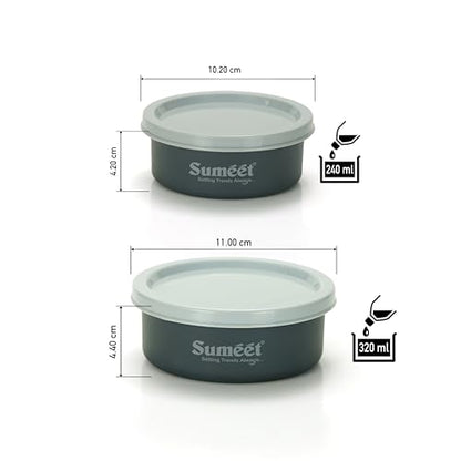 Sumeet Microwave Safe Stainless Steel Air Tight & Leak Proof Lunch Boxes/Storage Containers with Lids for Kitchen/Office/School, 240ml, 320ml, set of 4, Grey