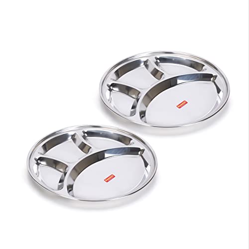 Sumeet Stainless Steel Round 4 in 1 Compartment Lunch / Dinner Plate 1Pc, 32.5cm Dia, Silver