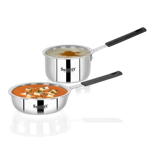 Sumeet Cook Smart ISI Certified Tri-Ply (Steel - Aluminium - Steel) Set of 3 Pcs Mini FryingTadka Pan 400ml - SauceTadka Pan 450ml with Silicon Grip | Induction & Gas Friendly | 2.5mm Thick, Silver