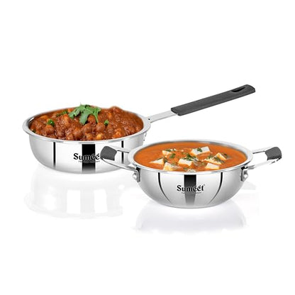 Sumeet Cook Smart ISI Certified Tri-Ply (Steel - Aluminium - Steel) Set of 2 Pcs Mini Kadai 370ml - FryingTadka Pan 400ml with Silicon Grip | Induction and Gas Friendly | 2.5mm Thick, Silver