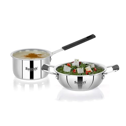 Sumeet Cook Smart ISI Certified Tri-Ply (Steel - Aluminium - Steel) Set of 3 Pcs Mini Kadai 370ml - SauceTadka Pan 450ml with Silicon Grip | Induction and Gas Friendly | 2.5mm Thick, Silver