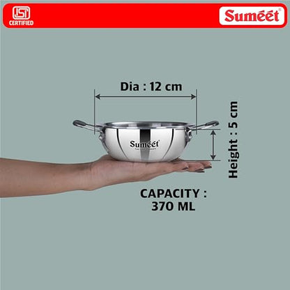 Sumeet Cook Smart ISI Certified Tri-Ply (Steel - Aluminium - Steel) Mini Kadai with Silicon Grip | Induction and Gas Friendly | 2.5mm Thick | 370ml -12Cm, Silver