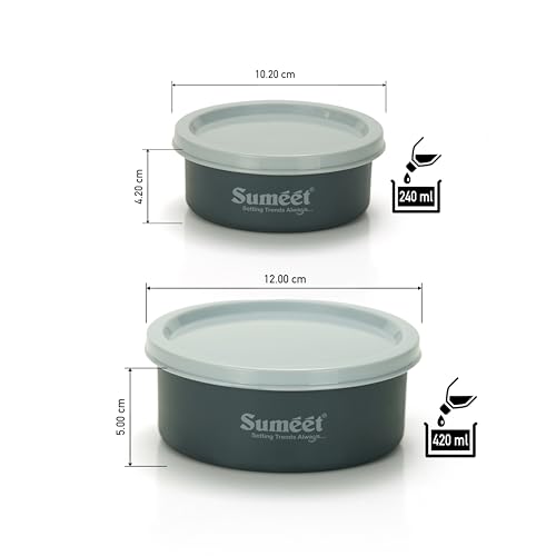 Sumeet Microwave Safe Stainless Steel Air Tight & Leak Proof Lunch Boxes/Storage Containers with Lids for Kitchen/Office/School, 240ml, 420ml, set of 2, Grey