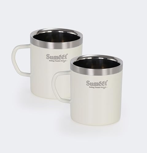 Sumeet Stainless Steel Coloured Double Wall Tea/Milk/Coffee Mug Set of 2Pc - 300ml - Ivory