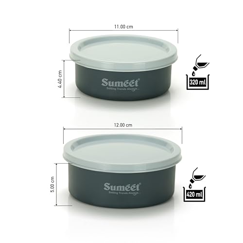 Sumeet Microwave Safe Stainless Steel Air Tight & Leak Proof Lunch Boxes/Storage Containers with Lids for Kitchen/Office/School, 320ml, 420ml, set of 2, Grey