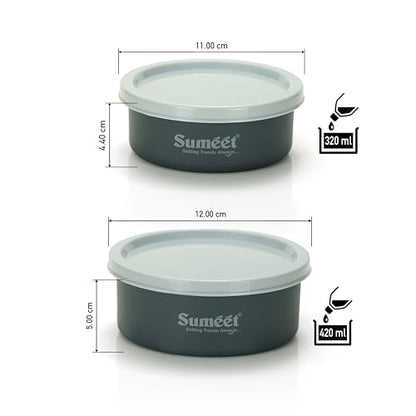 Sumeet Microwave Safe Stainless Steel Air Tight & Leak Proof Lunch Boxes/Storage Containers with Lids for Kitchen/Office/School, 320ml, 420ml, set of 2, Grey