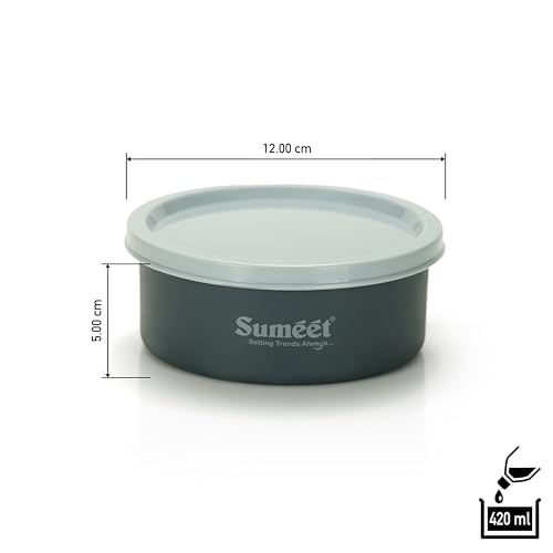 Sumeet Microwave Safe Stainless Steel Air Tight & Leak Proof Lunch Boxes/Storage Containers with Lids for Kitchen/Office/School, 420ml, set of 3, Grey