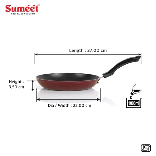 Sumeet Elegantia Induction Base Non Stick Aluminium Tapper Pan 22cm / 1000ml Capacity | Gas and Induction Friendly | Cherry