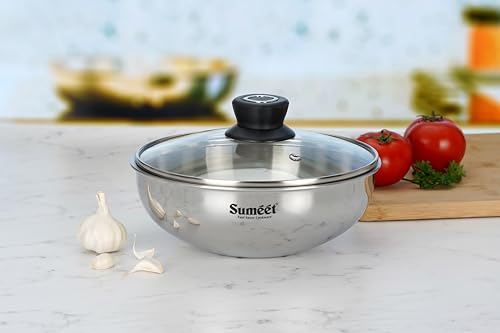 Sumeet Cook Smart TriPly Stainless Steel Induction Base Deep Tasra with Glass Lid - 1.4 LTR - 18Cm, Pack of 1, Silver