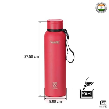 Sumeet Nero 24 Hrs Hot & Cold ISI Certified Stainless Steel Leak Proof Water Bottle for Office/School/College/Gym/Picnic/Home/Trekking -900ml, Pack of 1, Pink