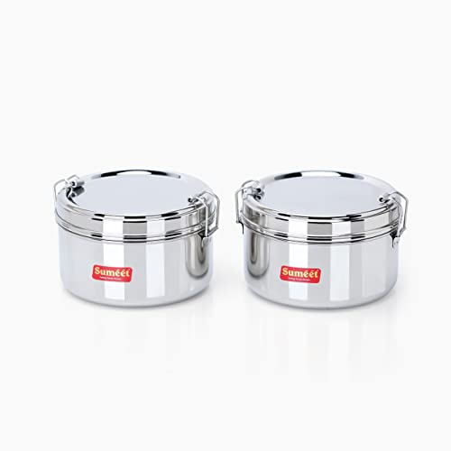 Sumeet Stainless Steel Meal Pack Lunch Box / Tiffin with Steel Separator Plate and Locking Clip, Set of 2Pc, 250ML & 300ML, 9.5cm & 11.5cm Dia, Silver