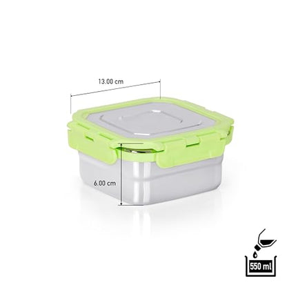 Sumeet Stainless Steel Square Shape Airtight Lock & Leak Proof Container/Lunch Box with Steel Lid - 550Ml, Pack of 1, Silver
