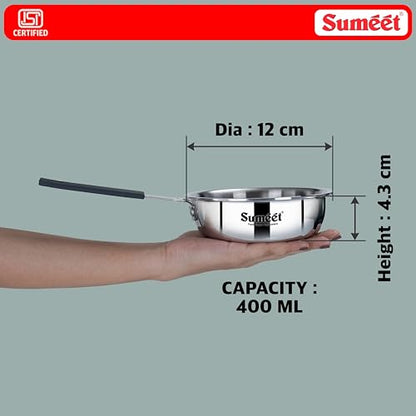 Sumeet Cook Smart ISI Certified Tri-Ply (Steel - Aluminium - Steel) Mini FryingTadka Pan with Silicon Grip | Induction and Gas Friendly | 2.5mm Thick | 400ml -12Cm, Silver