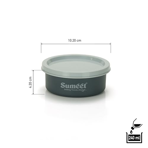 Sumeet Microwave Safe Stainless Steel Air Tight & Leak Proof Lunch Boxes/Storage Containers with Lids for Kitchen/Office/School, 240ml, set of 4, Grey